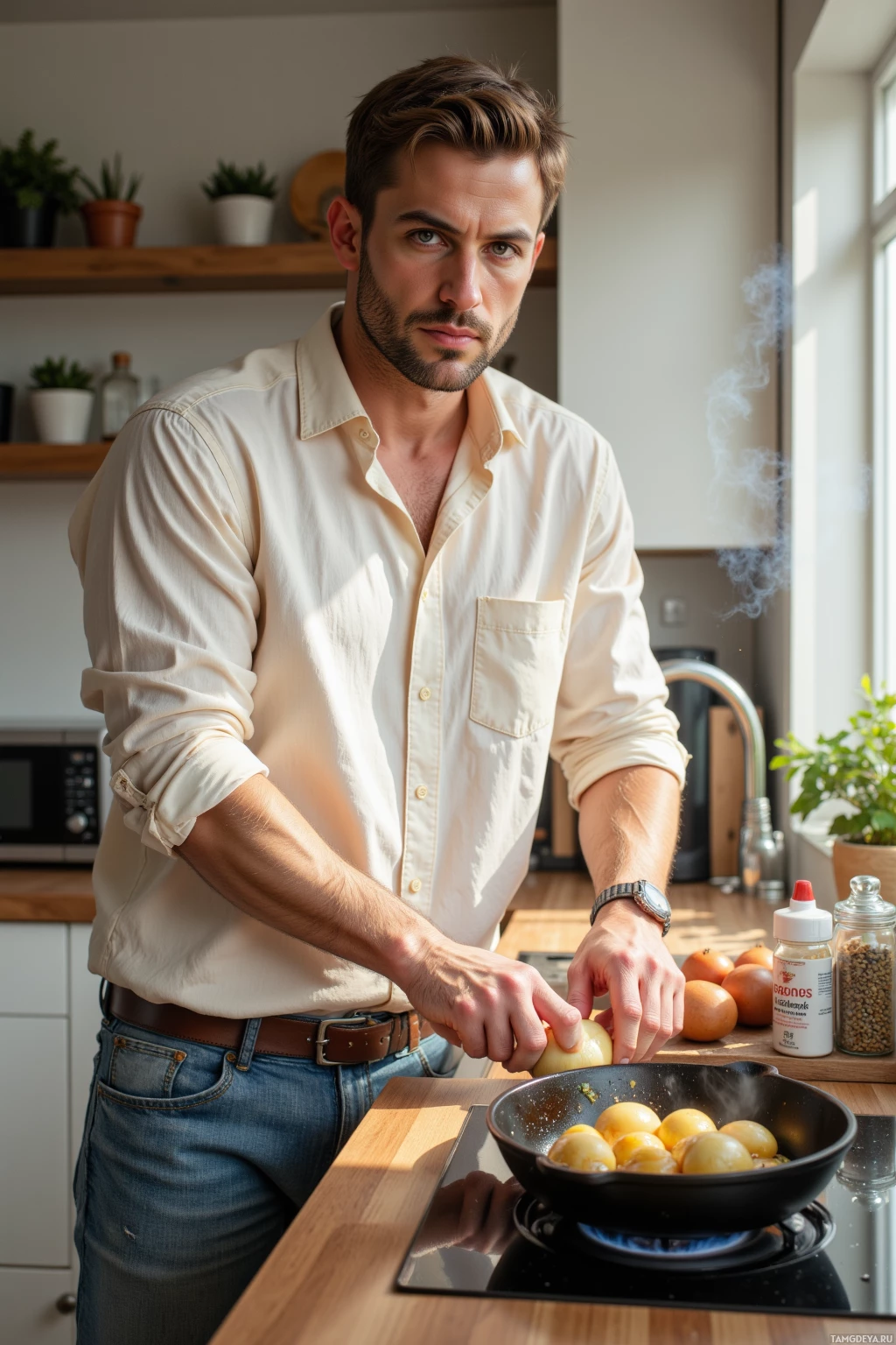 A man in a kitchen peels potatoes over a frying pan.