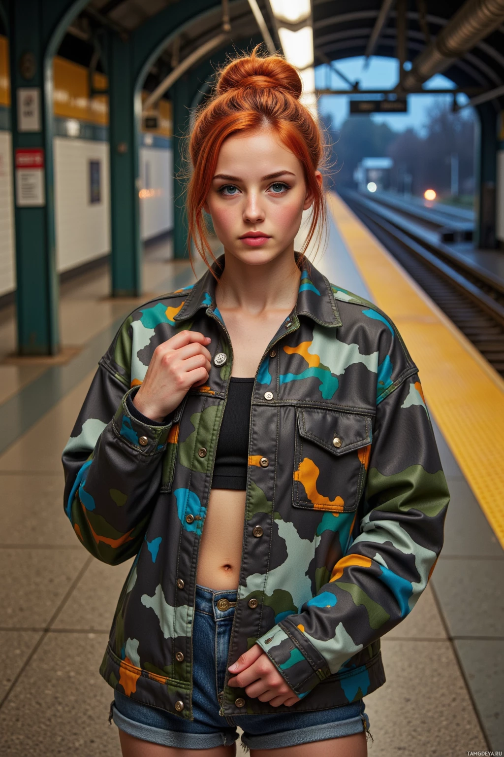 A person stands on a train platform wearing a camouflage jacket and denim shorts.