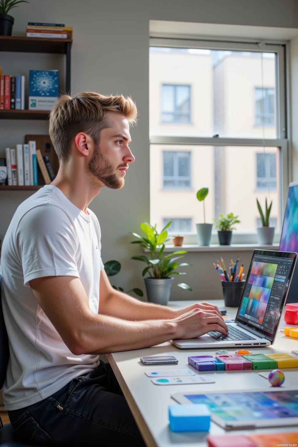 A person is sitting at a desk working on a laptop in a well-lit room with a window and plants.
