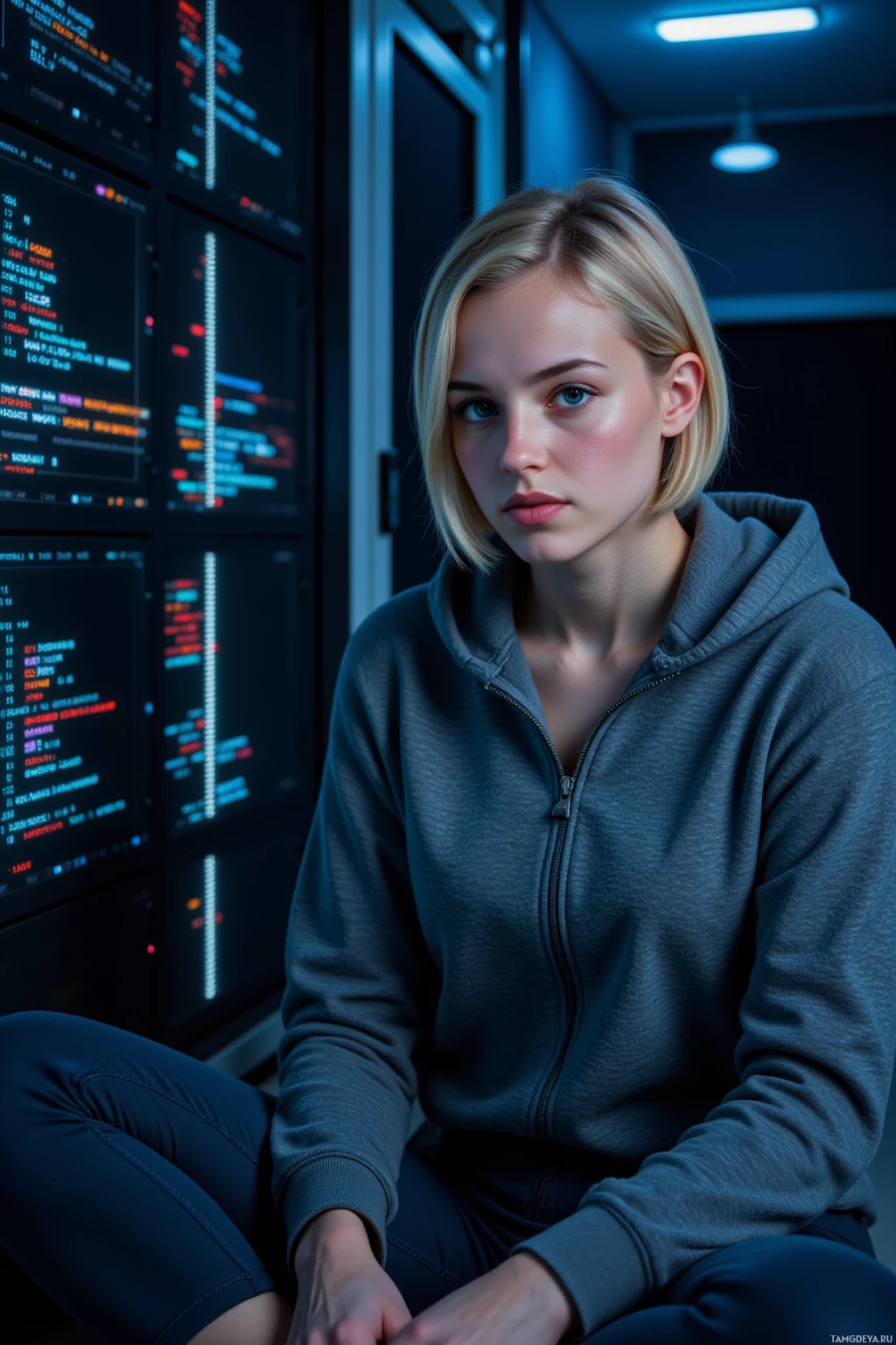A person in a hoodie sits in a dimly lit room with computer monitors displaying code.
