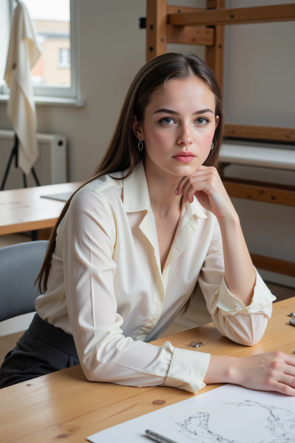 A woman in a white blouse sits at a desk with a sketch and pen.