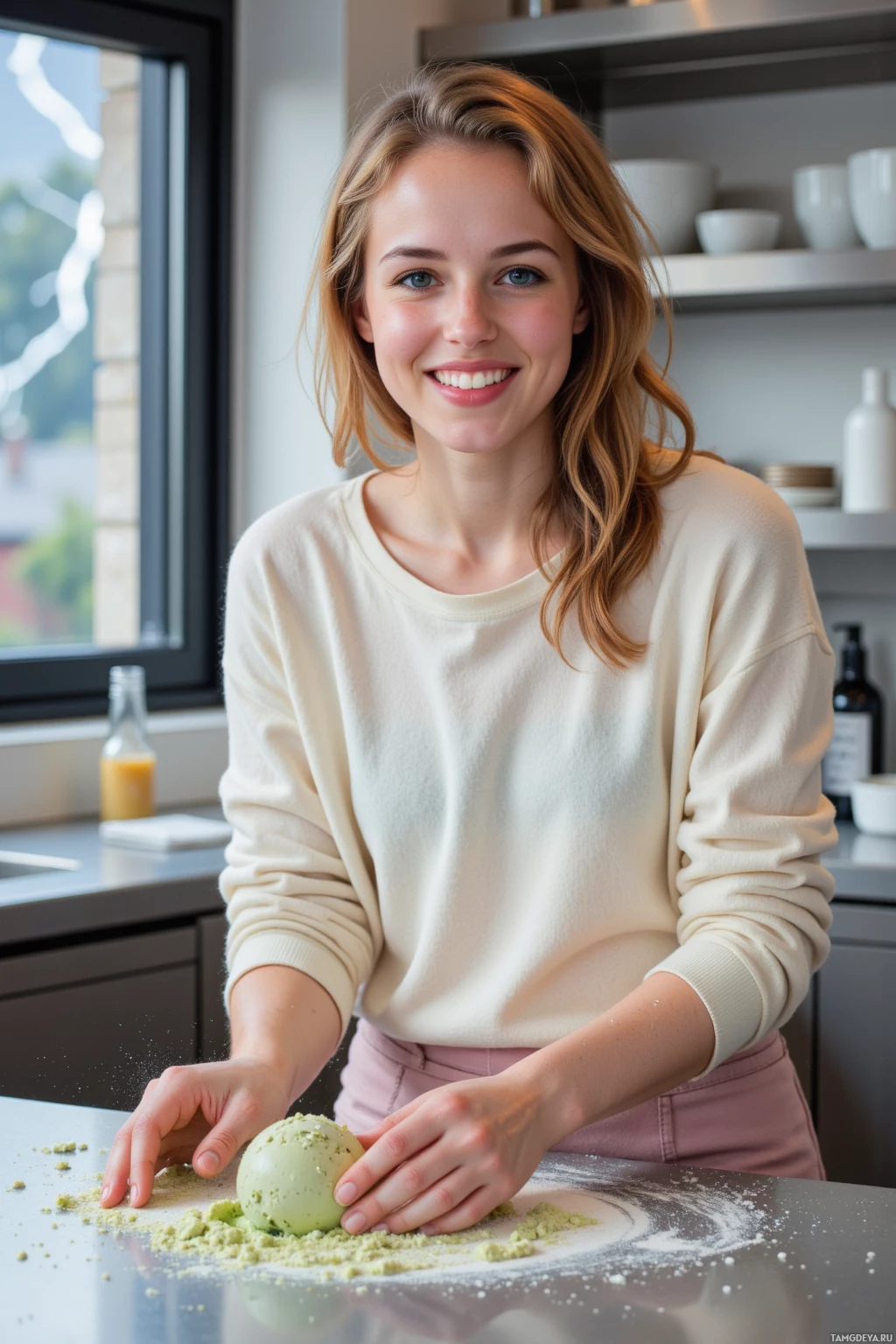 A woman in a kitchen smiles while kneading a green dough ball on a countertop.