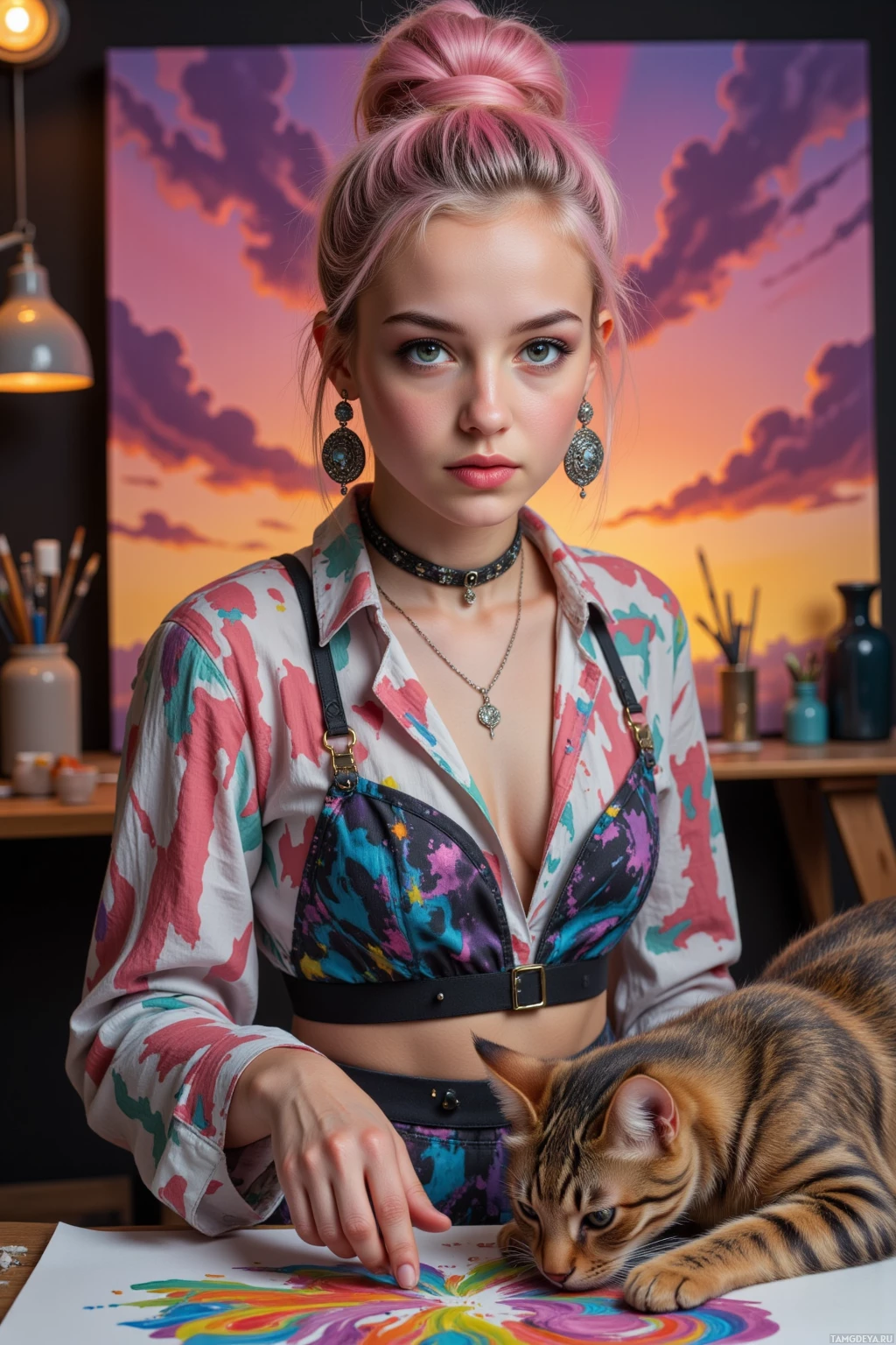 A person with pink hair styled in a bun, wearing a colorful shirt and a choker, sits at a desk with a cat and a vibrant painting.