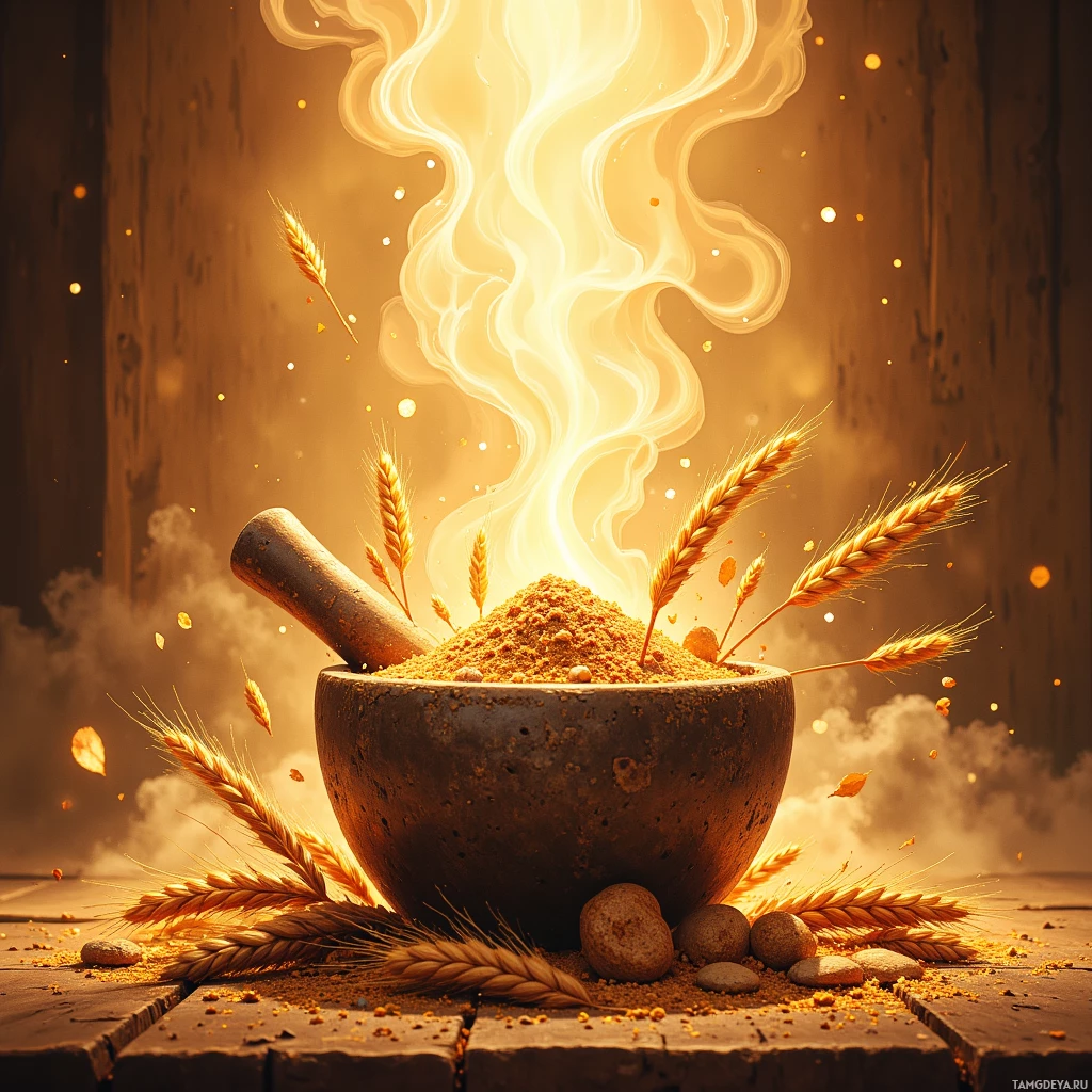 A bowl of ground wheat with a pestle, surrounded by wheat stalks and smoke, set against a warm, rustic background.