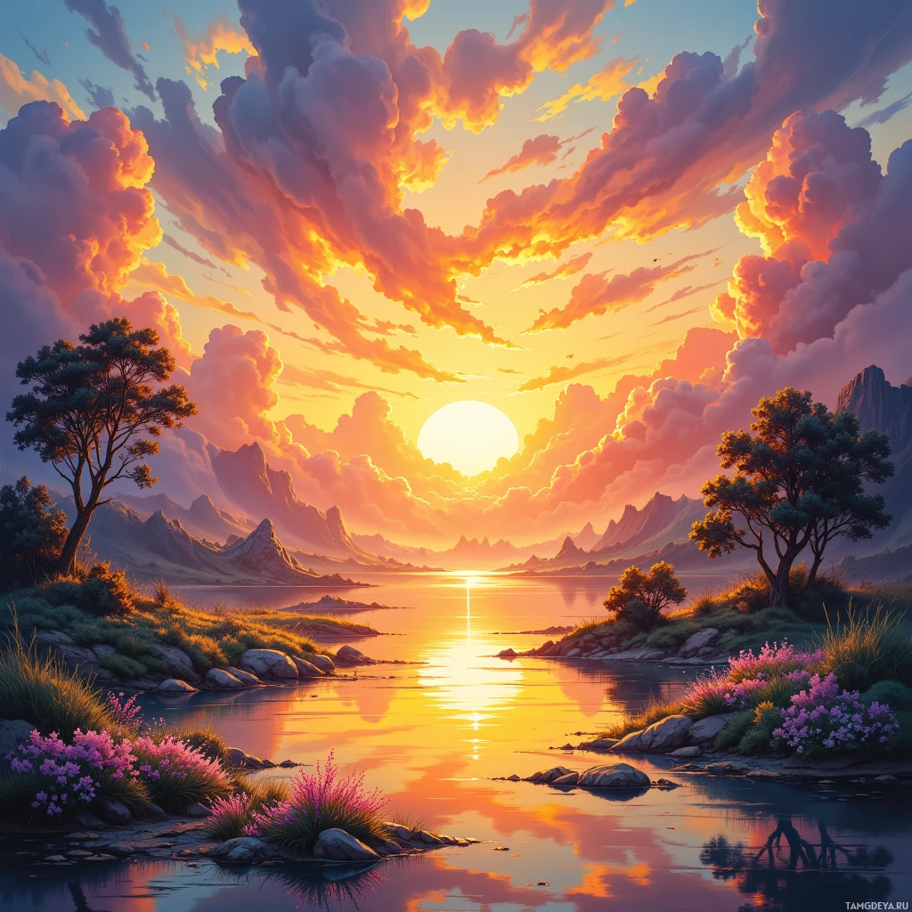 A serene sunset scene with a calm lake reflecting the vibrant sky, surrounded by lush greenery and distant mountains.