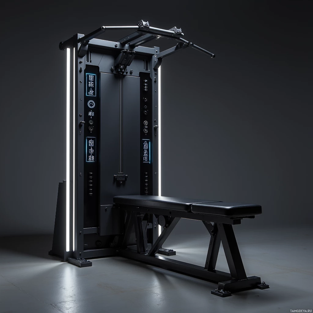A modern black weightlifting machine with adjustable components and a bench.