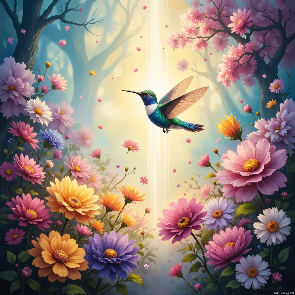 A vibrant scene featuring a hummingbird amidst blooming flowers and a glowing light beam.