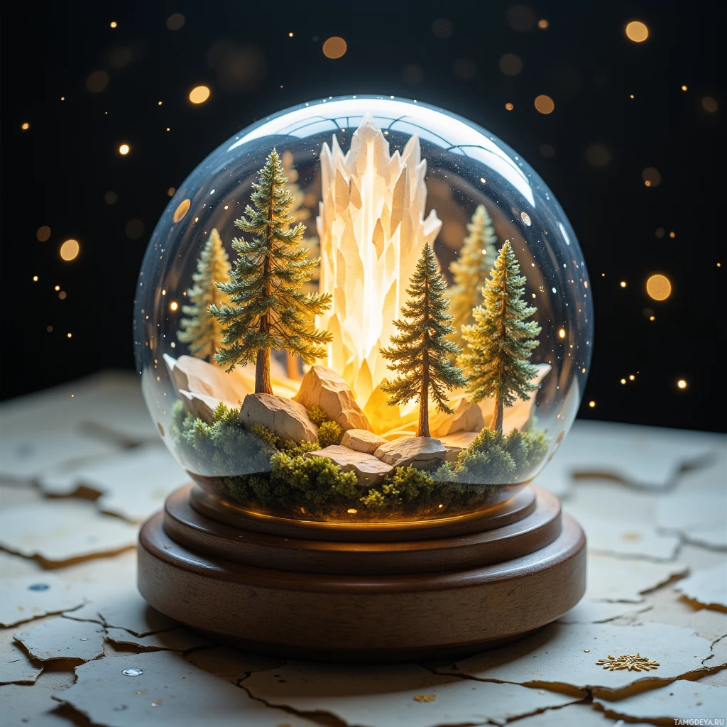 A snow globe with miniature trees and rocks inside, illuminated from within, placed on a wooden base.