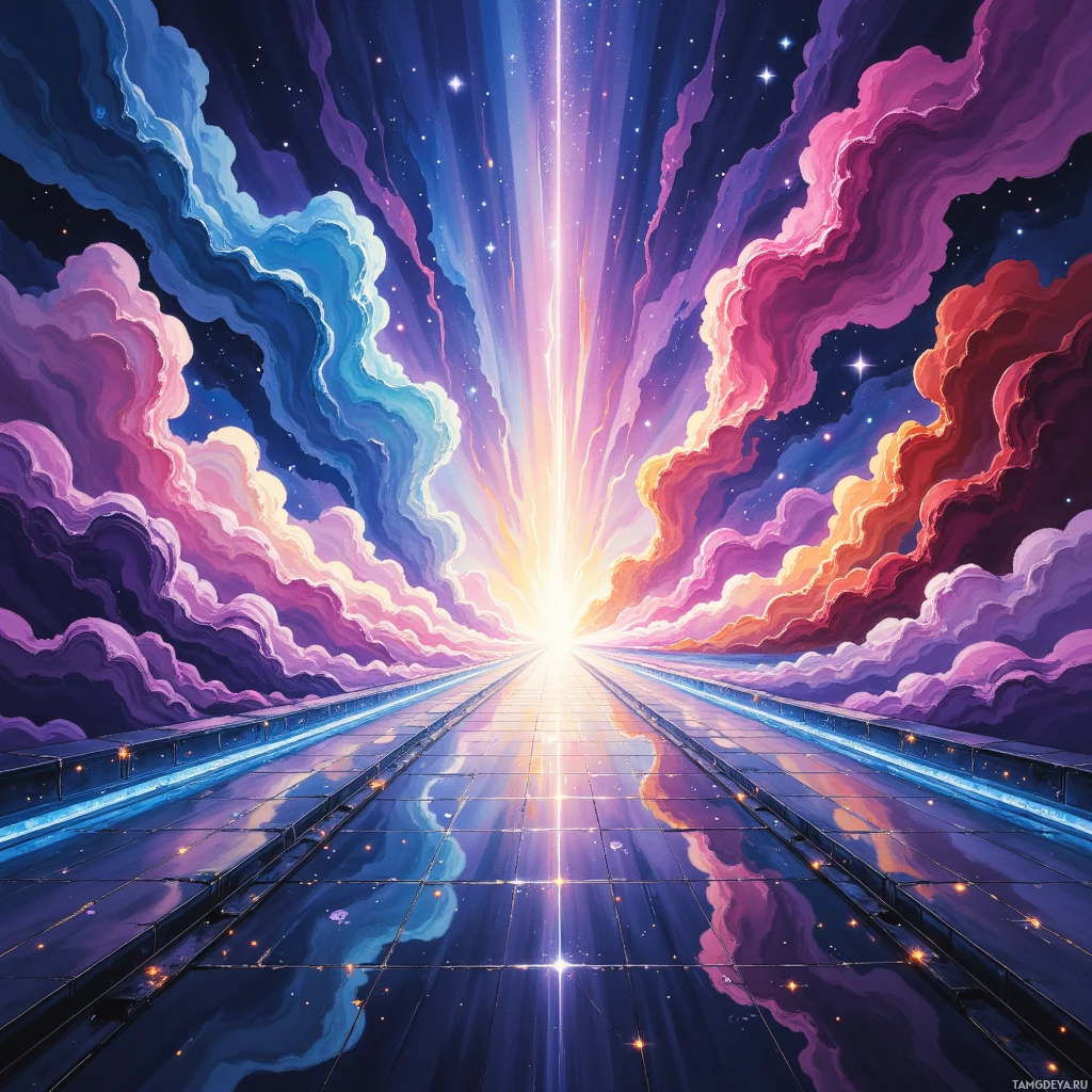 A vibrant cosmic scene with a glowing path leading towards a radiant light source.