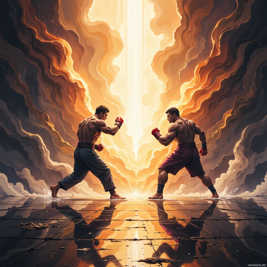 Two muscular boxers face each other in a dramatic, fiery arena.