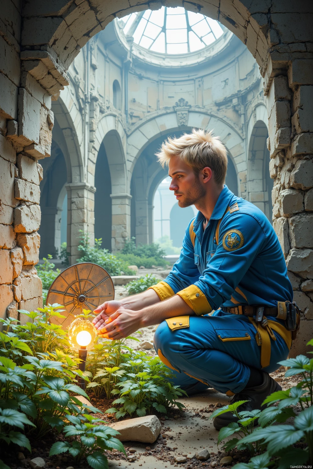 A person in a blue uniform kneels in a ruined courtyard, holding a glowing lantern.