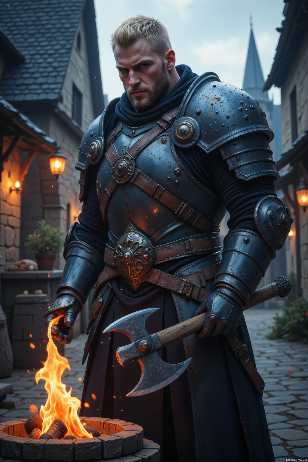 A knight in armor stands beside a fire, holding an axe.