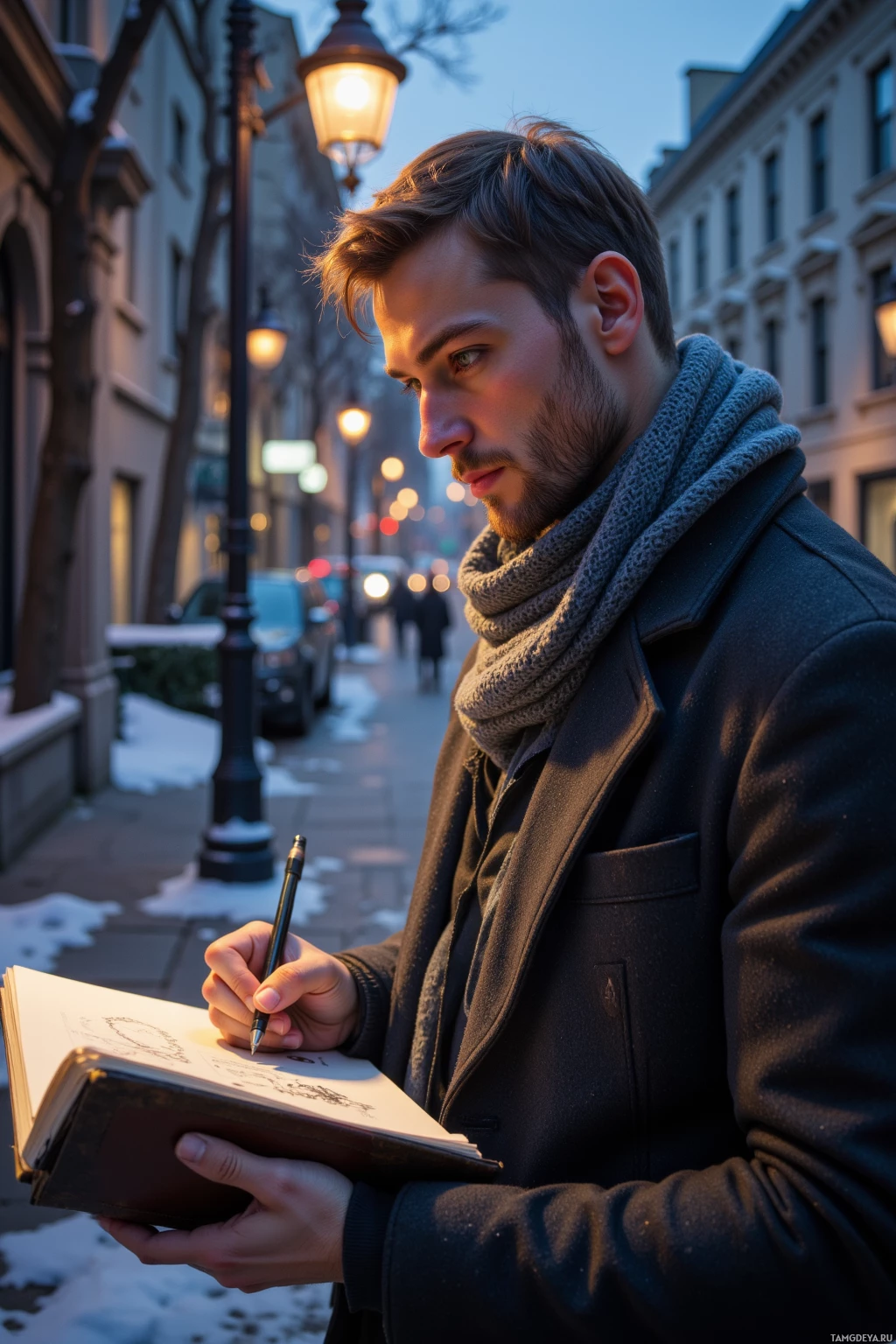 A man in a coat and scarf writes in a notebook on a snowy street at dusk.