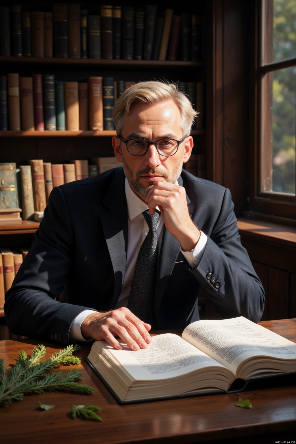 A man in a suit sits at a desk with an open book, surrounded by bookshelves.