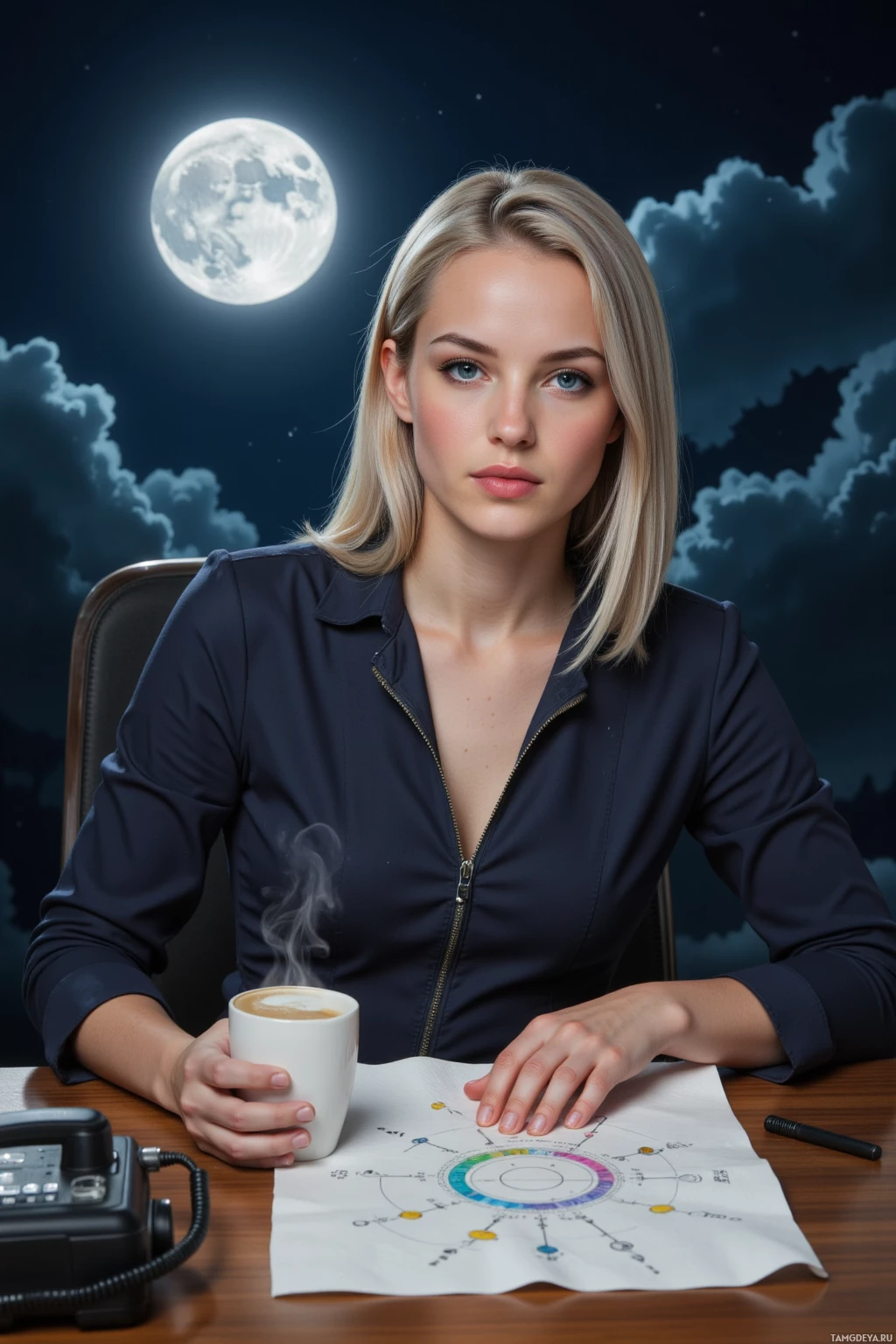 A woman sits at a desk with a steaming cup of coffee, surrounded by a night sky backdrop.
