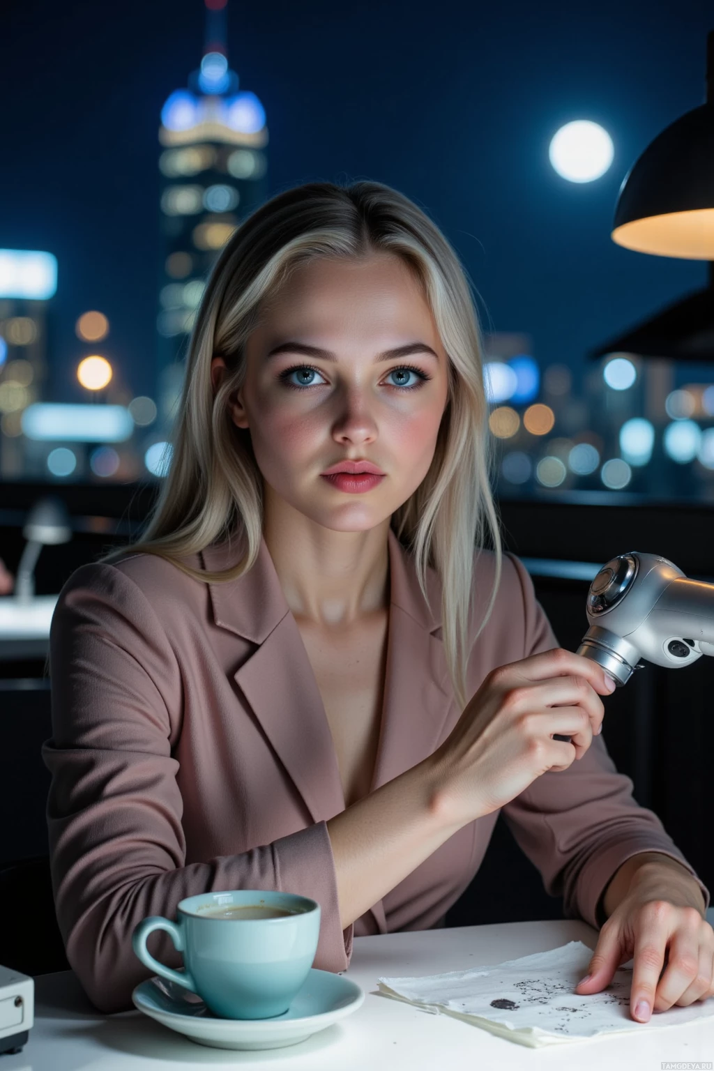 A woman in a pink blazer sits at a table with a cup of coffee, against a cityscape backdrop.