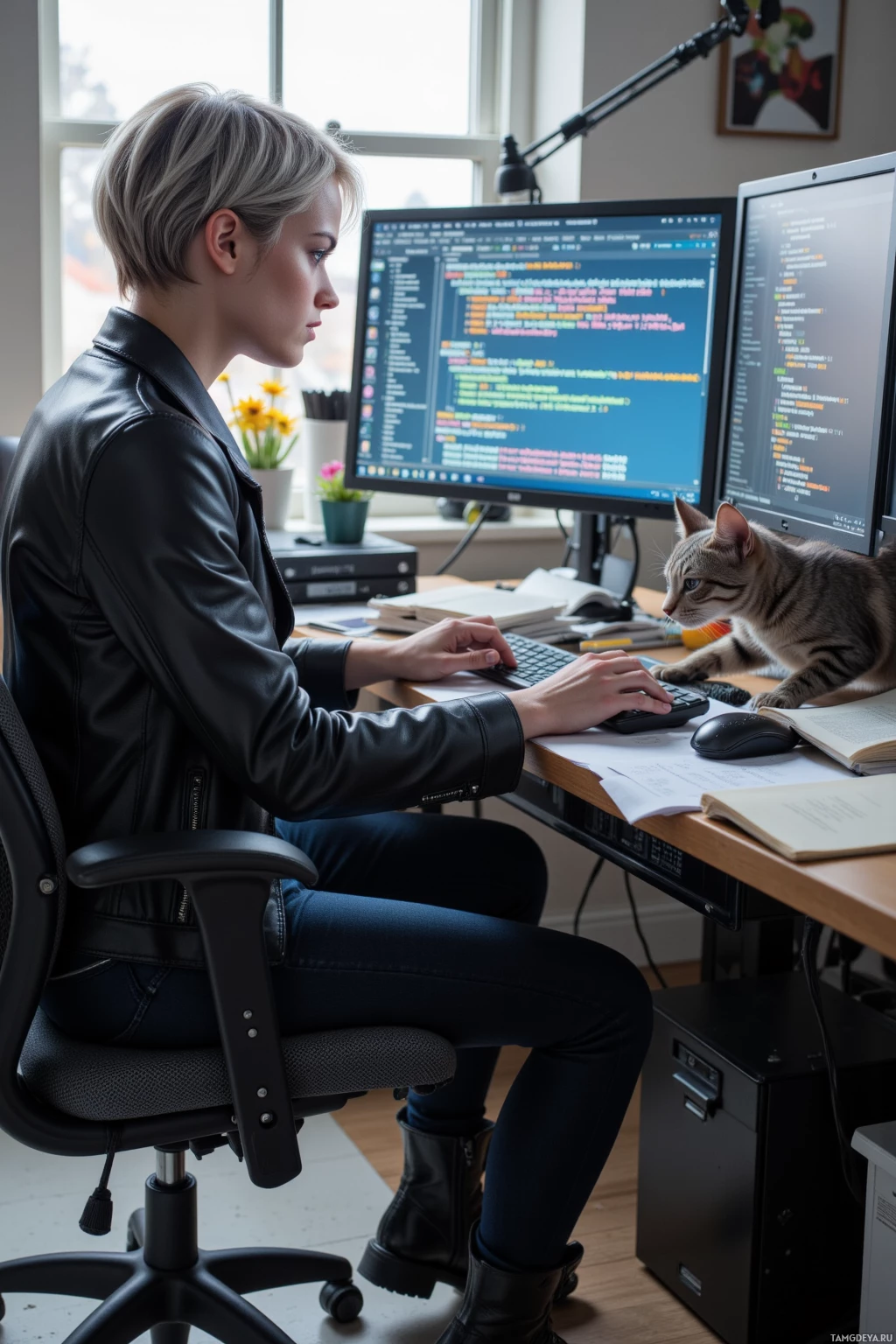 A person is working at a desk with two computer monitors, a keyboard, and a cat nearby.