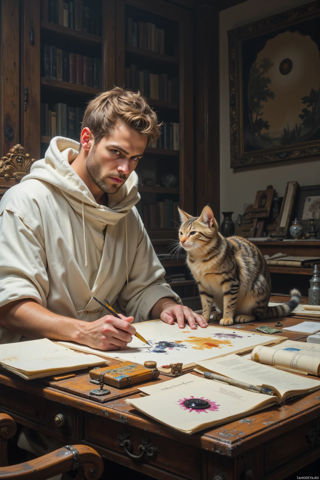 A man in a robe sits at a desk with a cat, surrounded by books and papers.