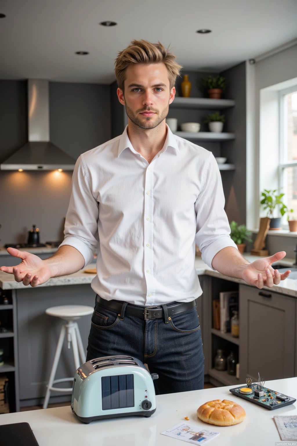 A man stands in a modern kitchen with a toaster and bread on the counter.