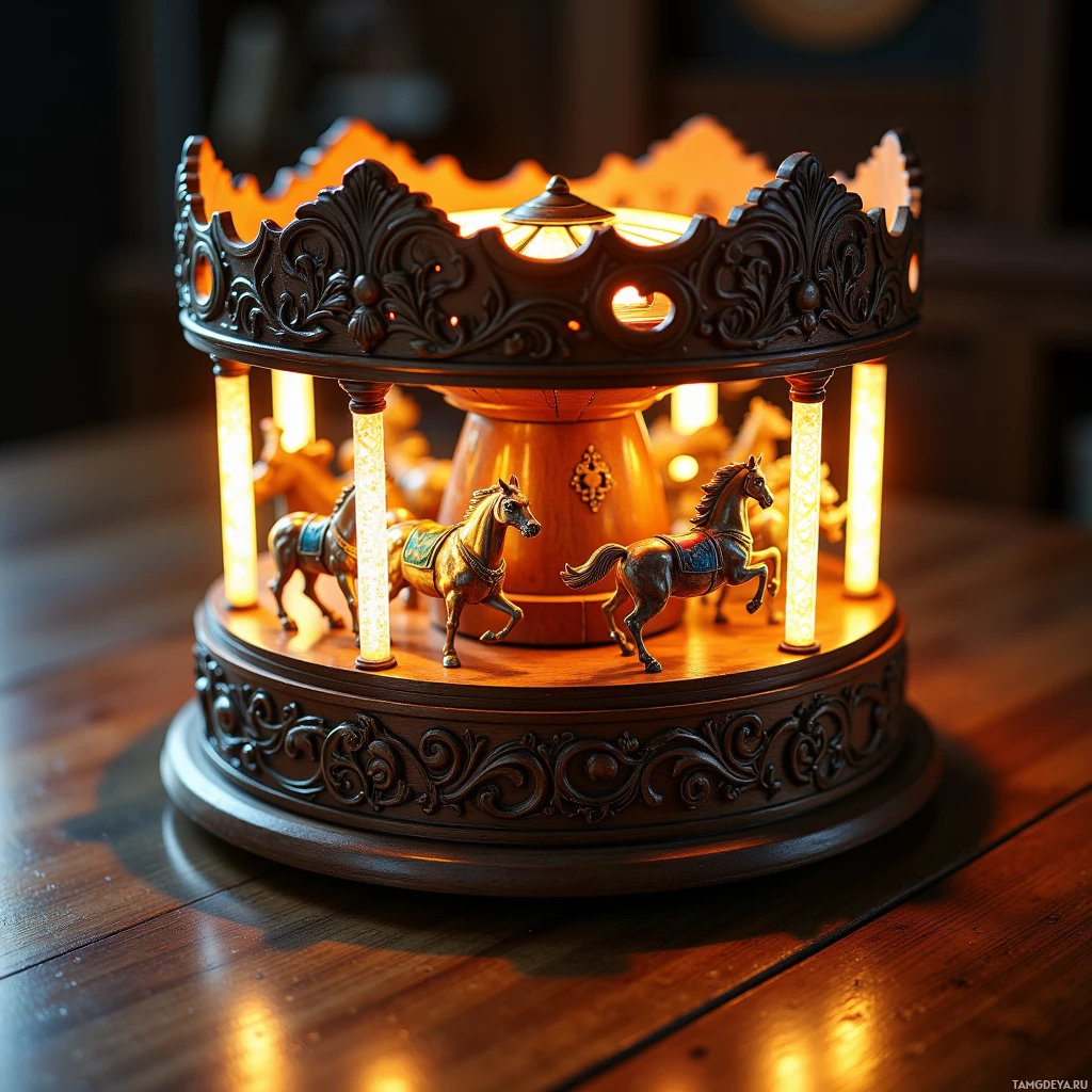 A decorative carousel with illuminated horses on a wooden table.