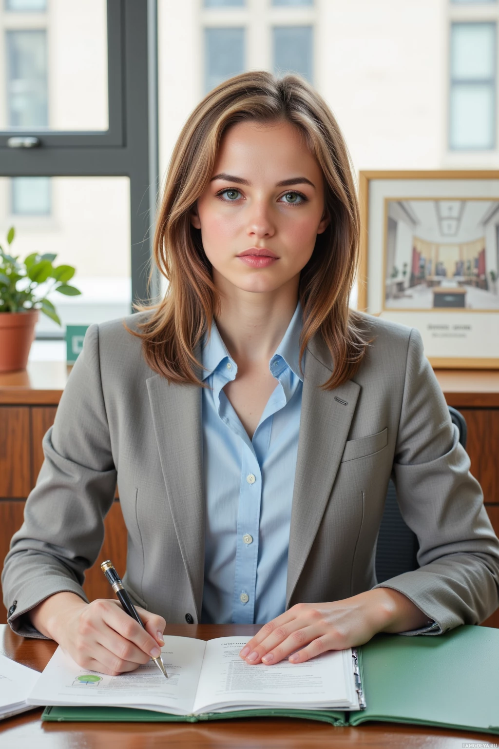 A woman in a professional setting, seated at a desk with a pen and documents.