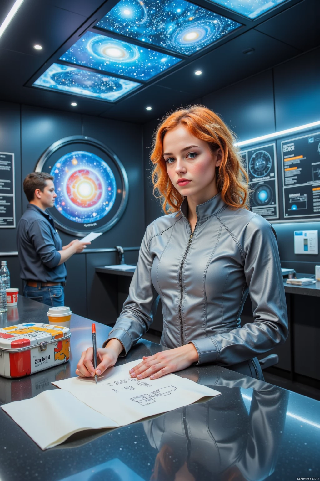 A woman in a futuristic office setting is writing on a piece of paper while a man stands in the background.