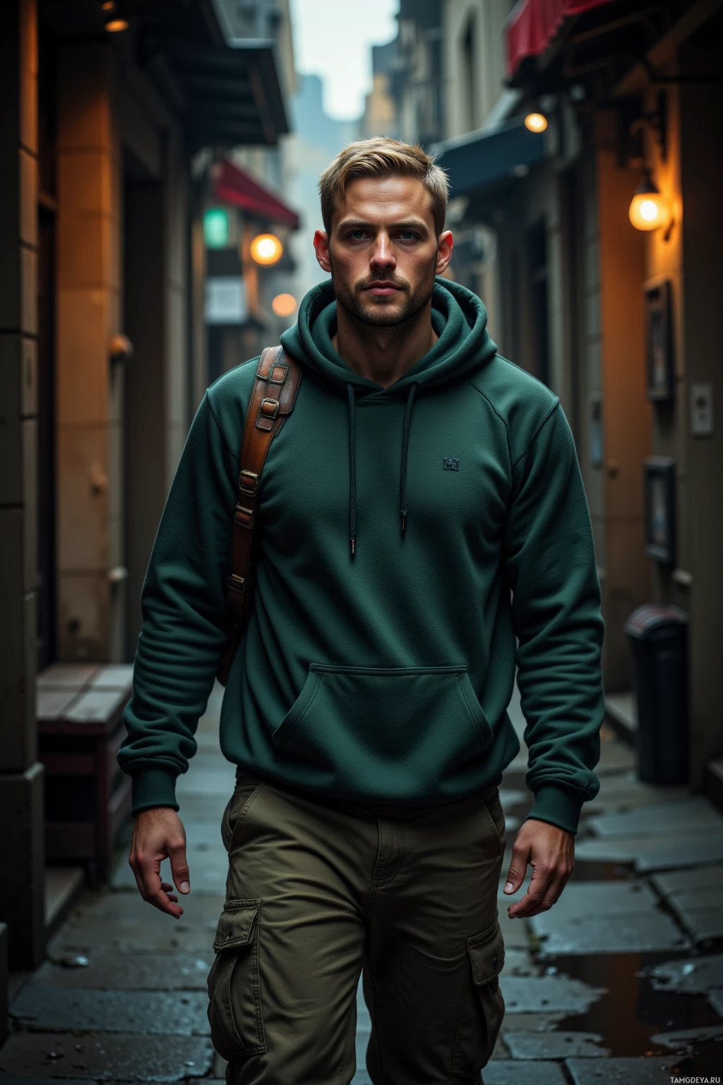 A man in a green hoodie and cargo pants stands on a cobblestone street.