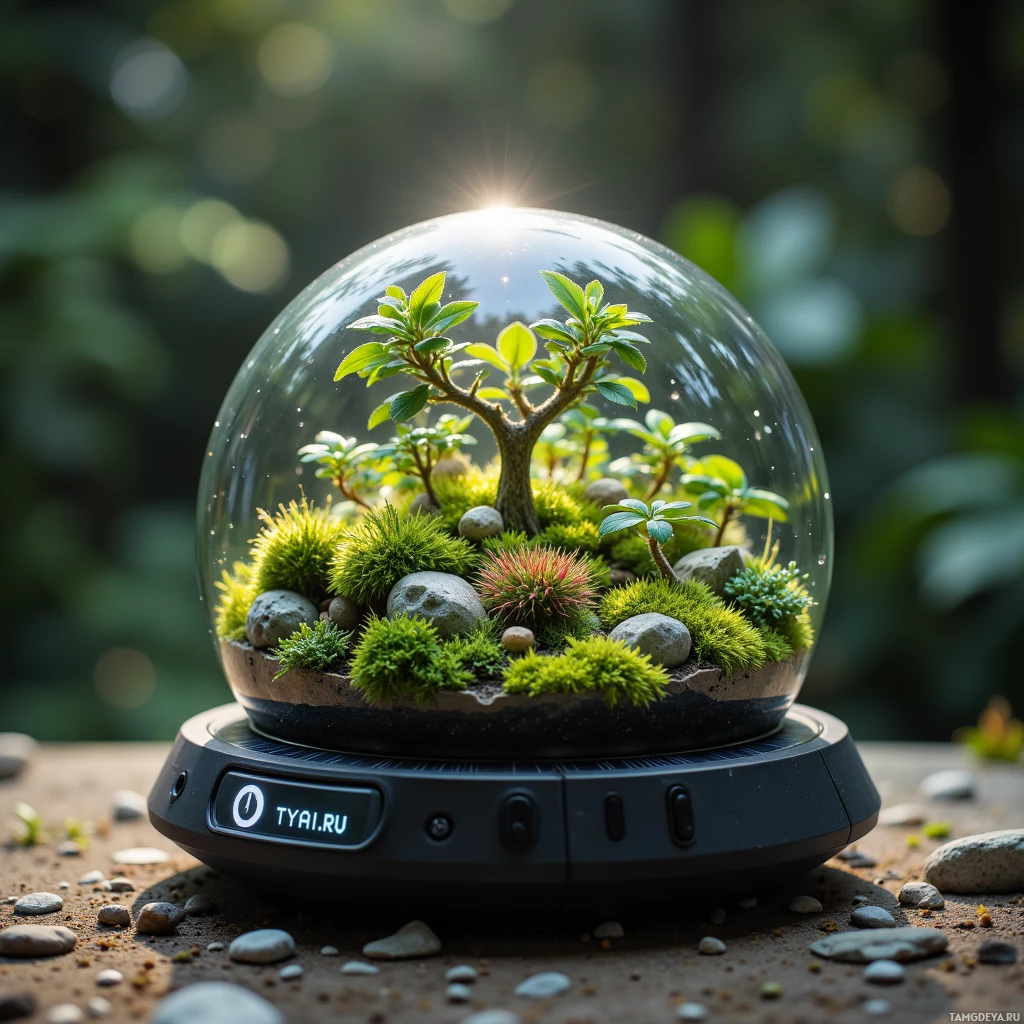 A glass dome terrarium with various plants and rocks, placed on a pebble surface.