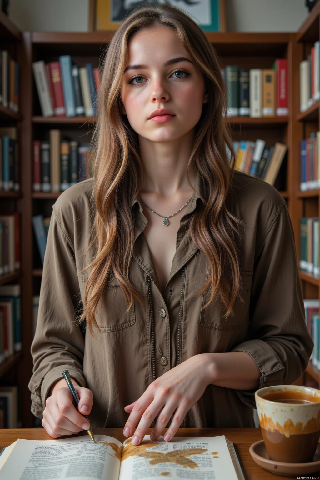 A person is sitting at a desk in a library, writing in a book with a pen, with a cup of coffee nearby.
