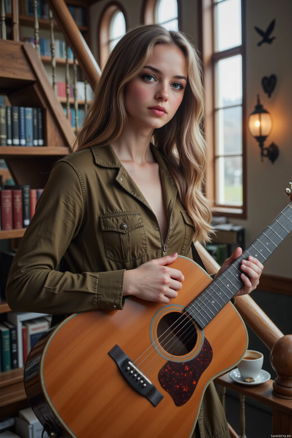 A young woman holds an acoustic guitar in a cozy room with bookshelves and a window.