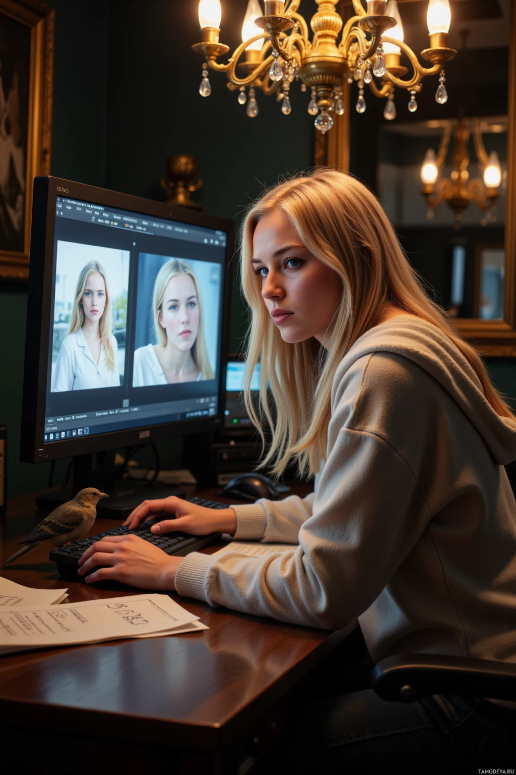 A person works at a desk with a computer displaying an image editing software interface.