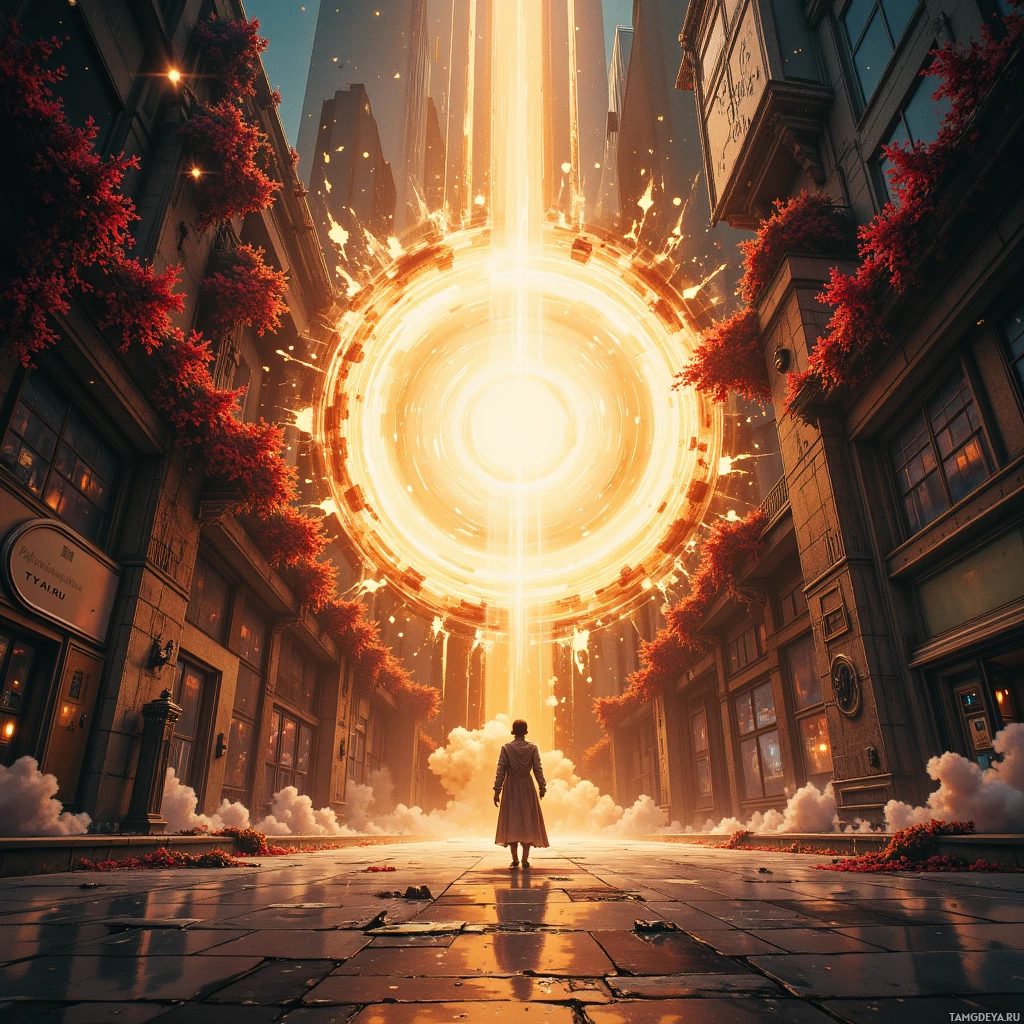 A person stands at the entrance of a grand, illuminated archway surrounded by tall buildings and red foliage.