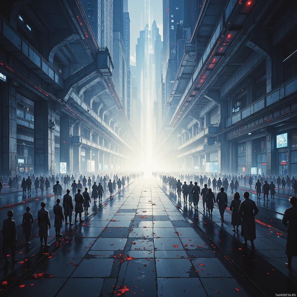 A futuristic cityscape with a crowd of people walking down a wide, illuminated street.