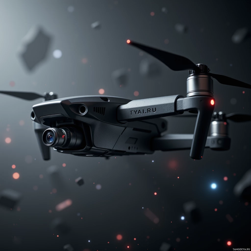 A close-up of a drone with a camera and propellers, set against a dark background with glowing particles.