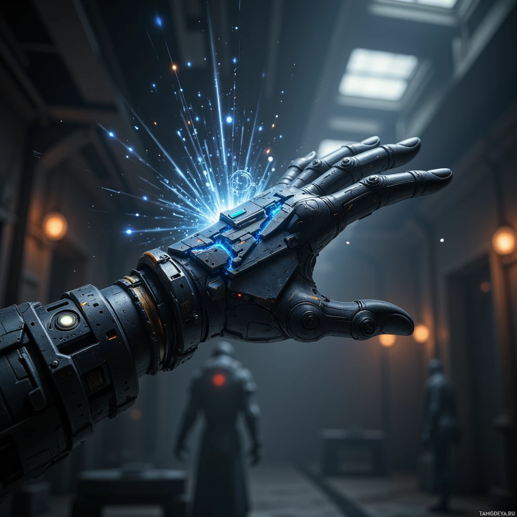 A futuristic robotic hand emits blue energy in a dimly lit industrial setting.