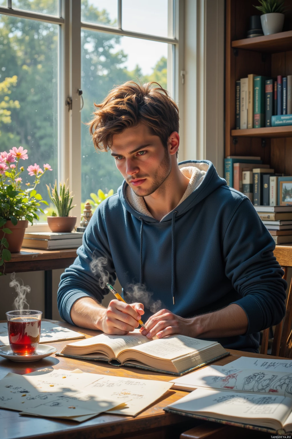 A person is sitting at a desk, writing in a notebook with a cup of tea nearby.