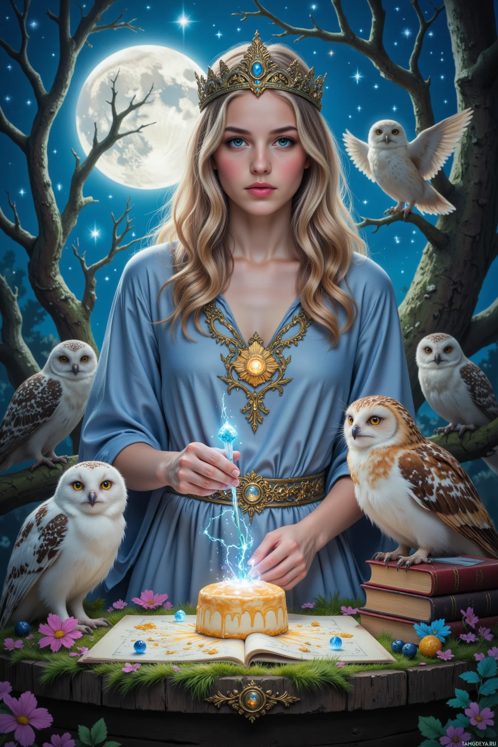 A woman in a blue dress with a crown, surrounded by owls and a glowing cake, stands under a starry night sky.