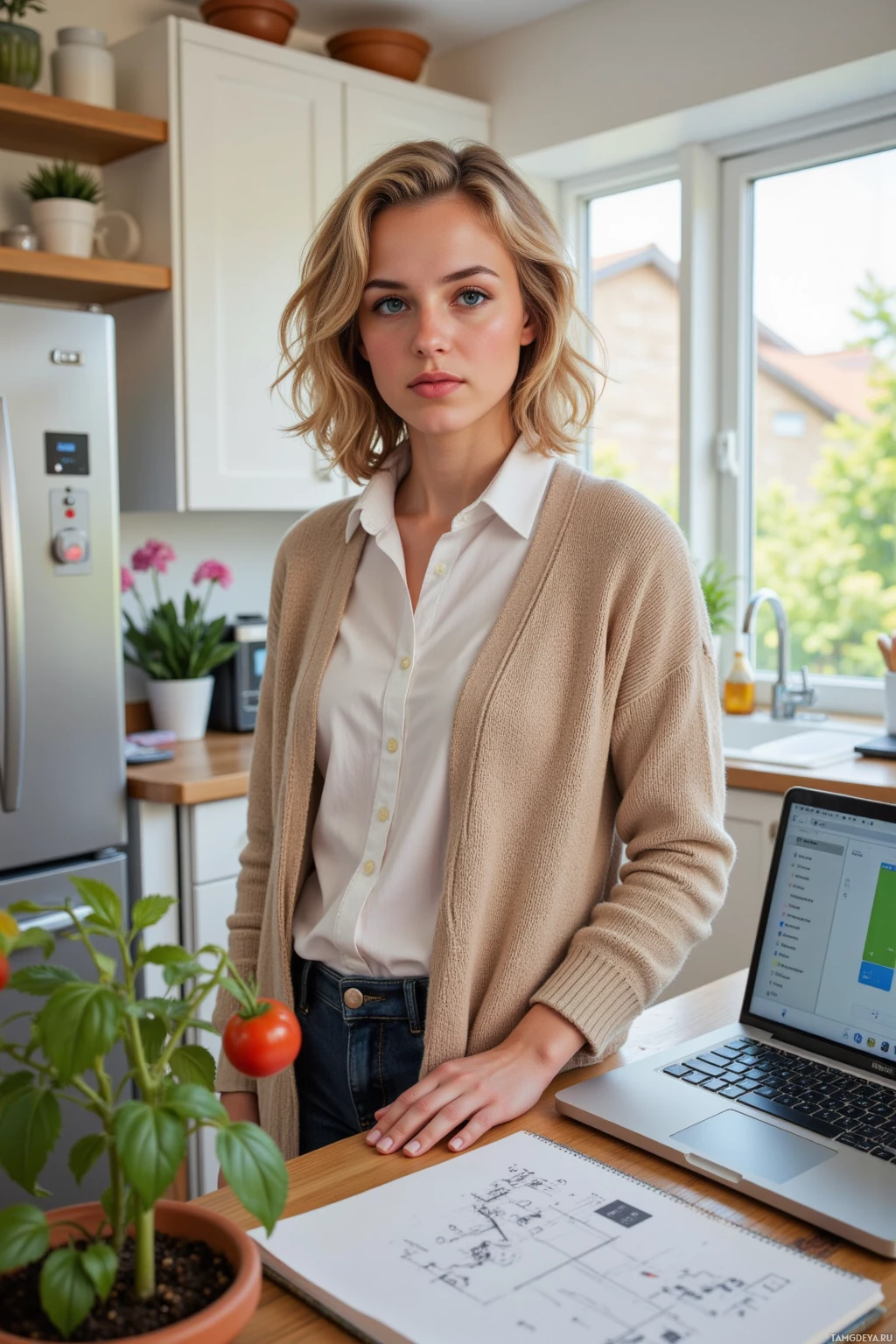 A woman stands in a kitchen, leaning on a counter with a laptop and notebook.