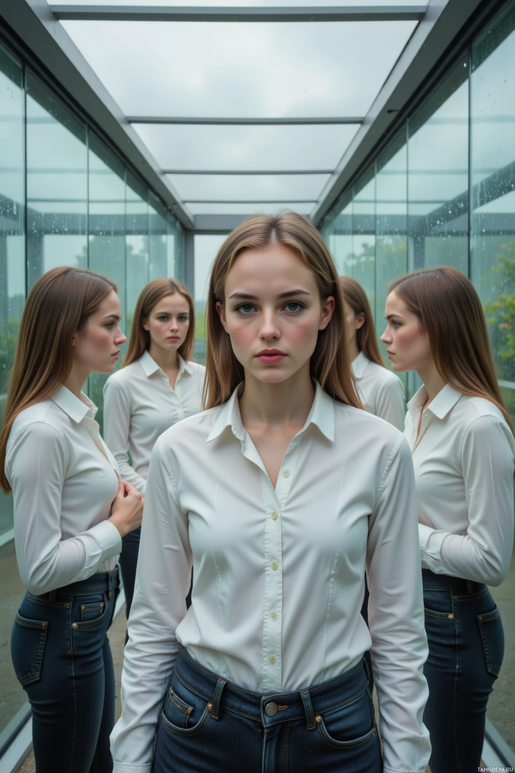 A group of women in white shirts and jeans stands in a glass-walled corridor.