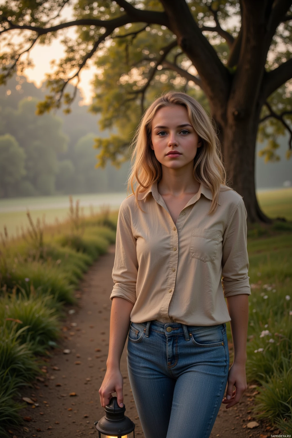 A woman walks along a path in a park, holding a lantern.