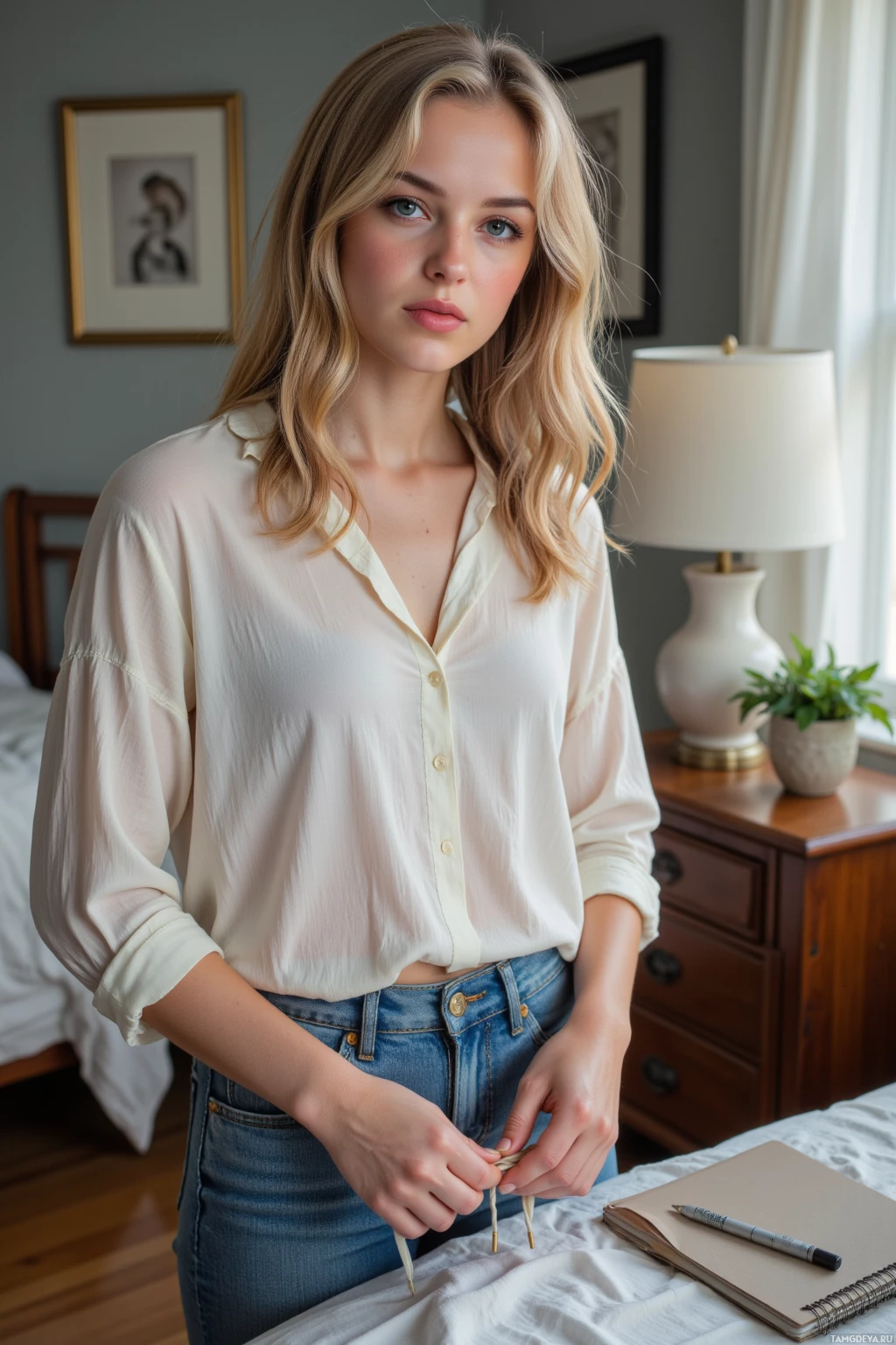 A woman stands in a bedroom, wearing a white blouse and jeans, with a notebook and pen on the bed beside her.