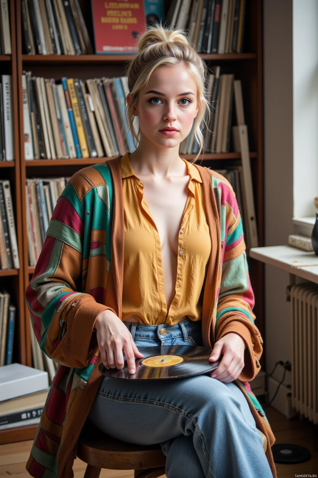A person sits in front of a bookshelf, holding a vinyl record.