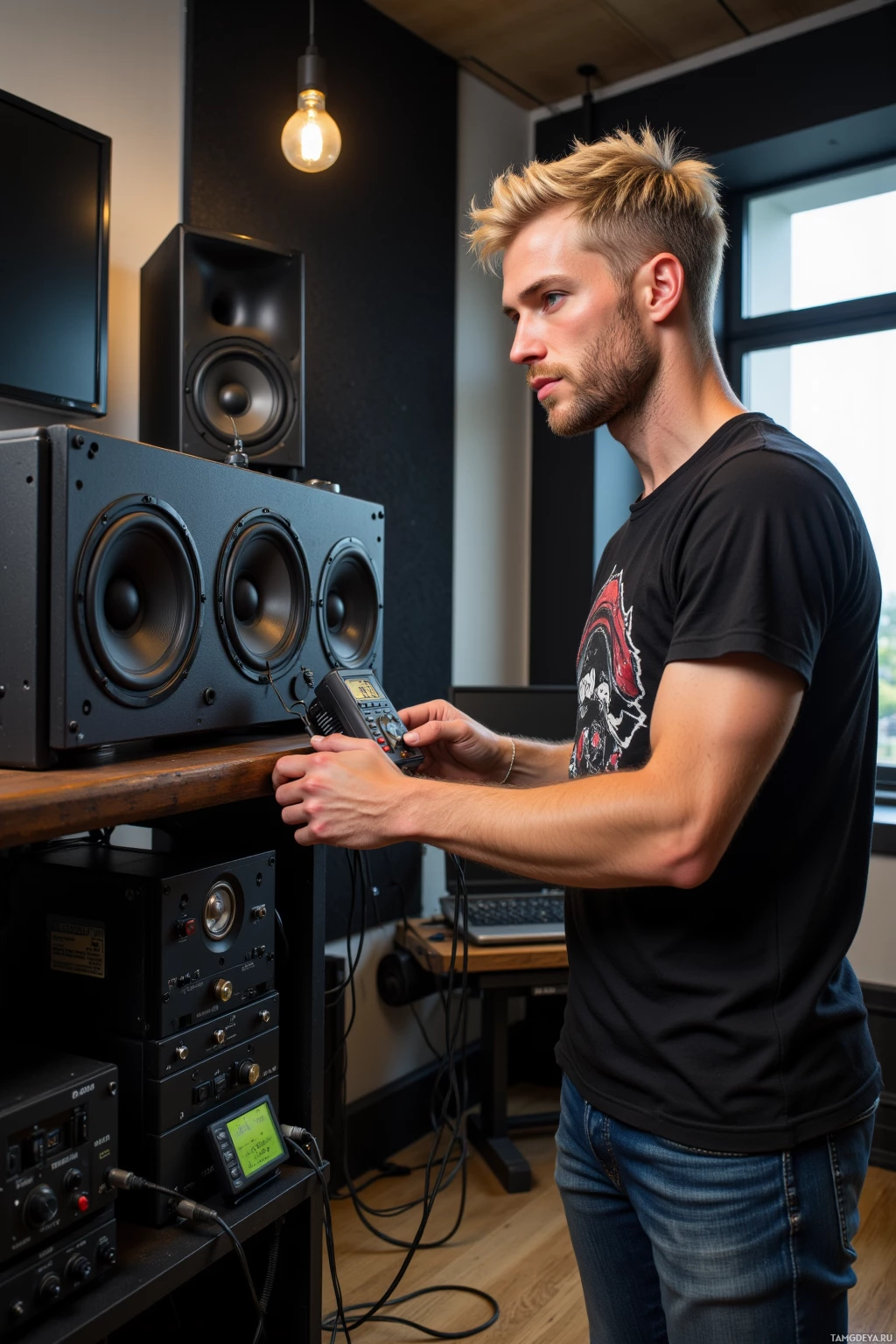 A man is adjusting audio equipment in a room with speakers and a monitor.