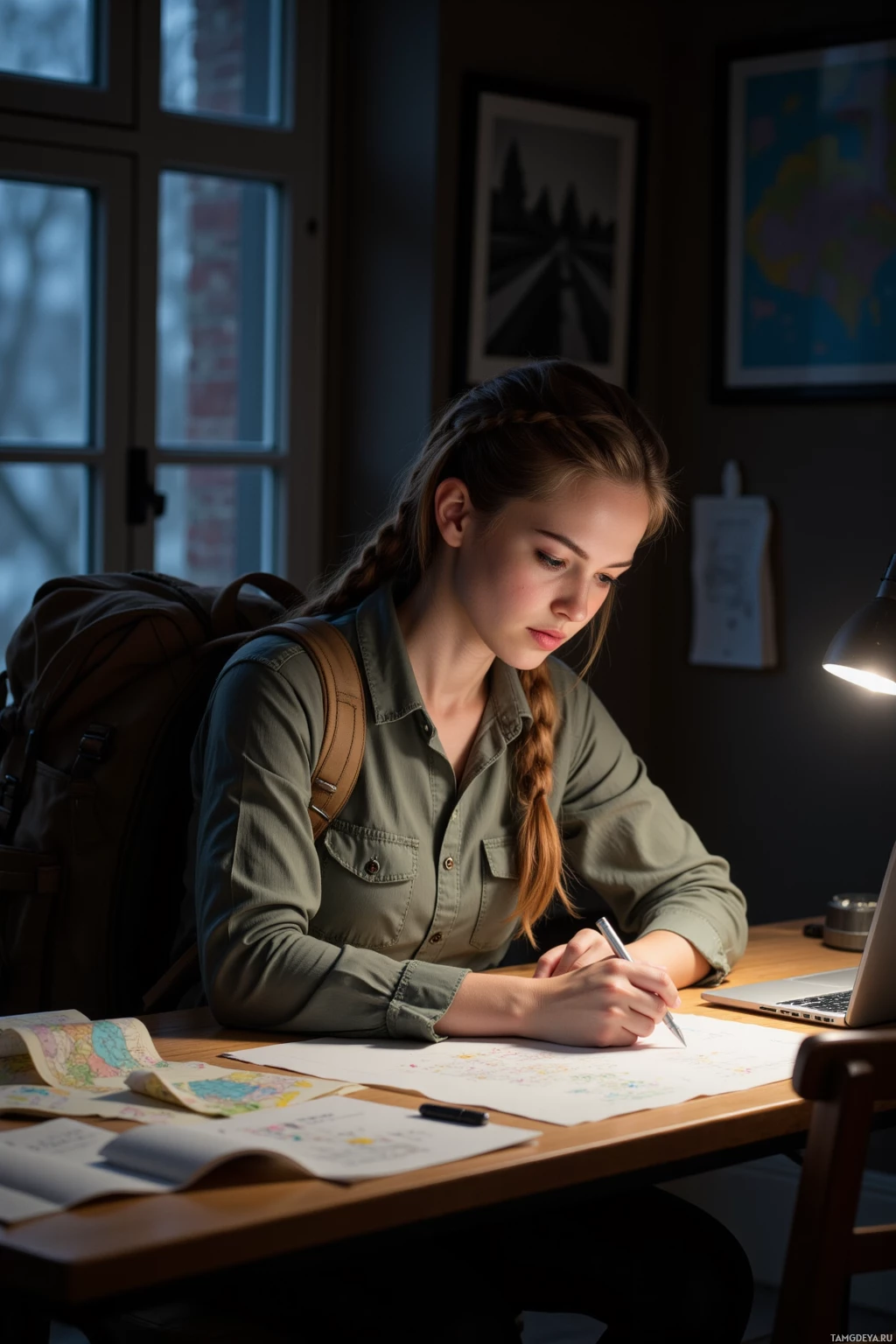 A student is studying at a desk, writing in a notebook with a map and laptop nearby.
