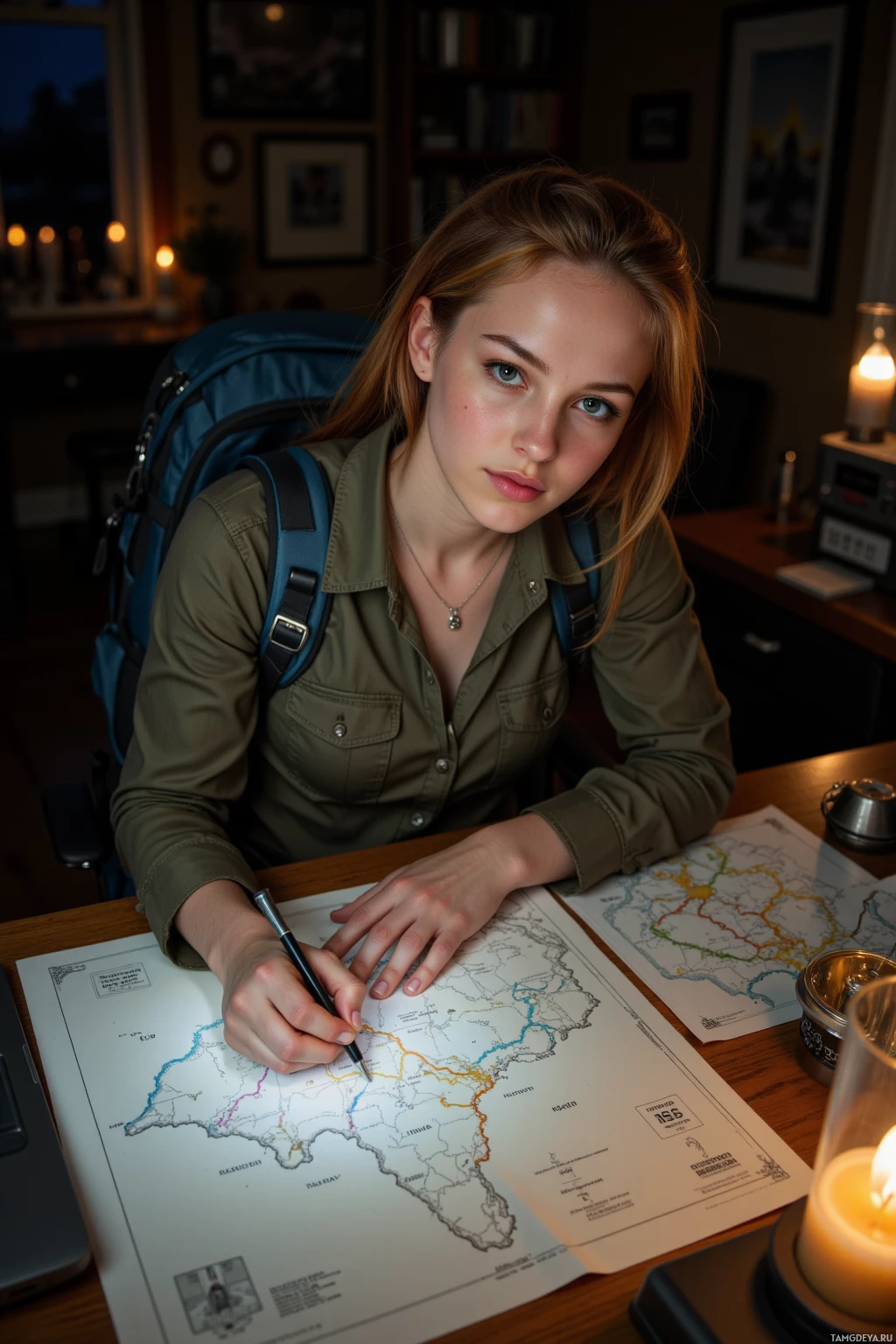 A young woman sits at a desk, studying a map and taking notes.