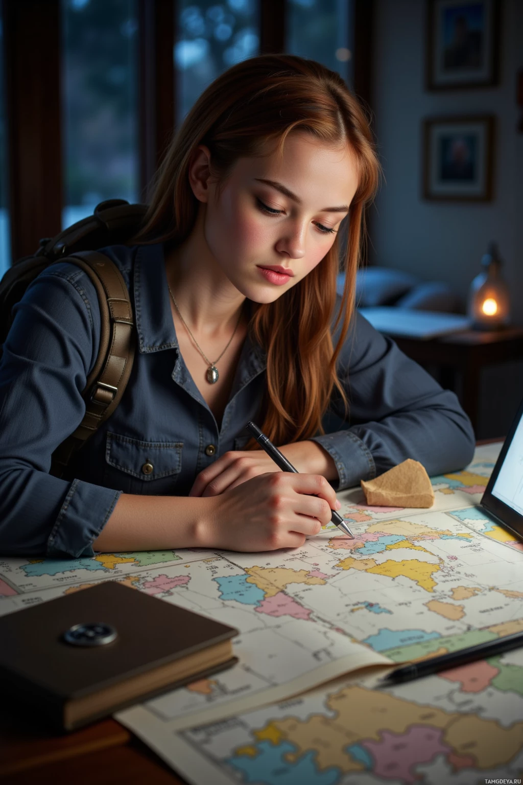 A young woman is studying at a desk, writing on a map with a pen.