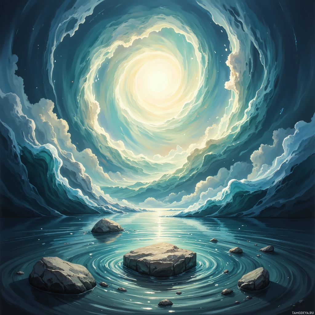 A serene scene of a glowing sun surrounded by swirling clouds reflected in calm water with rocks.