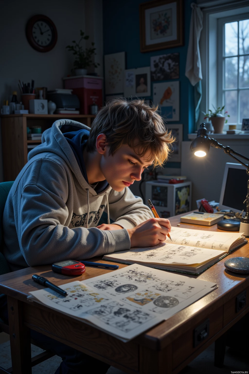 A young person is drawing in a sketchbook at a desk in a room with a window and various items on shelves.