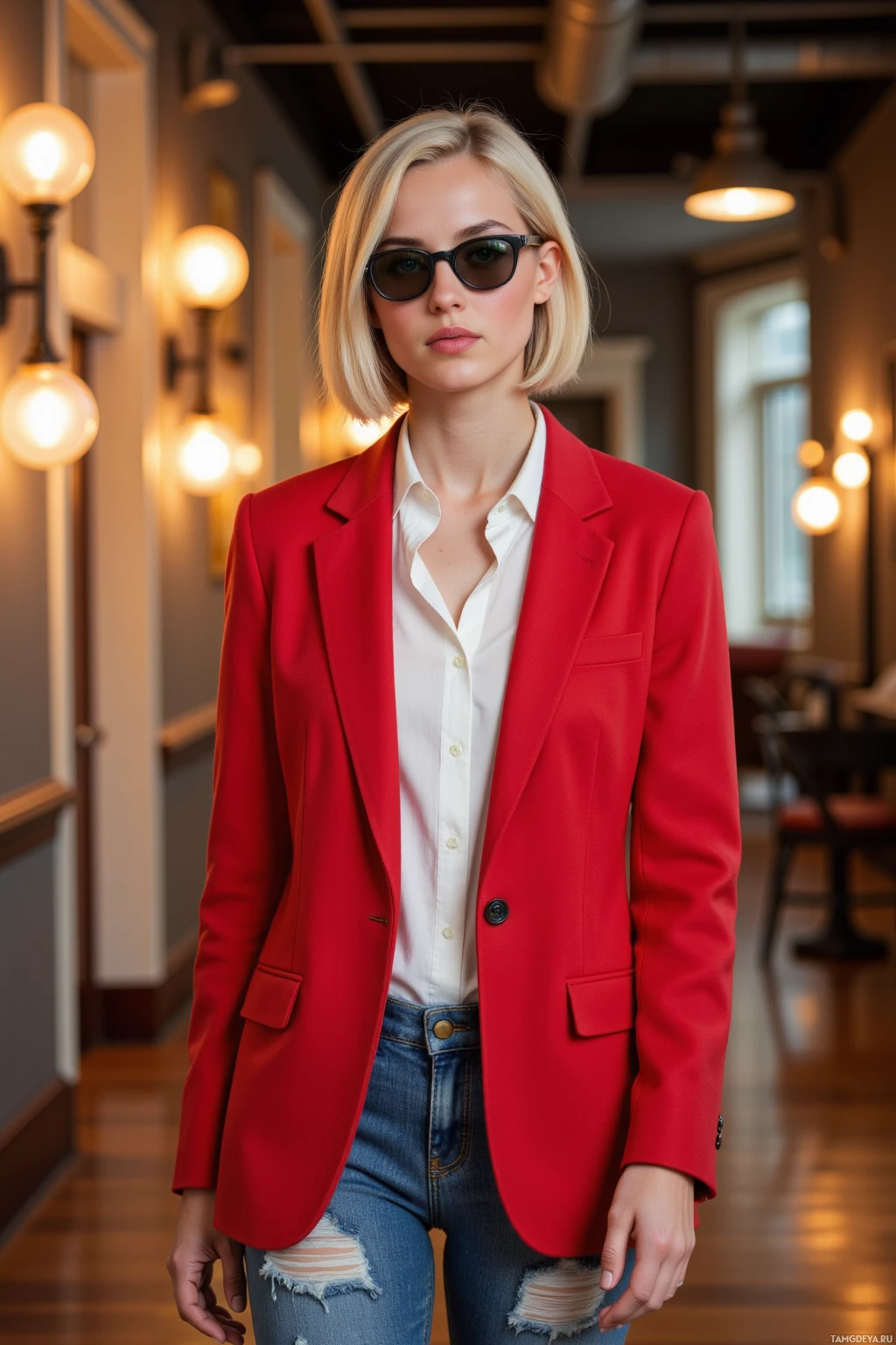 A woman in a red blazer and white shirt stands in a warmly lit hallway.