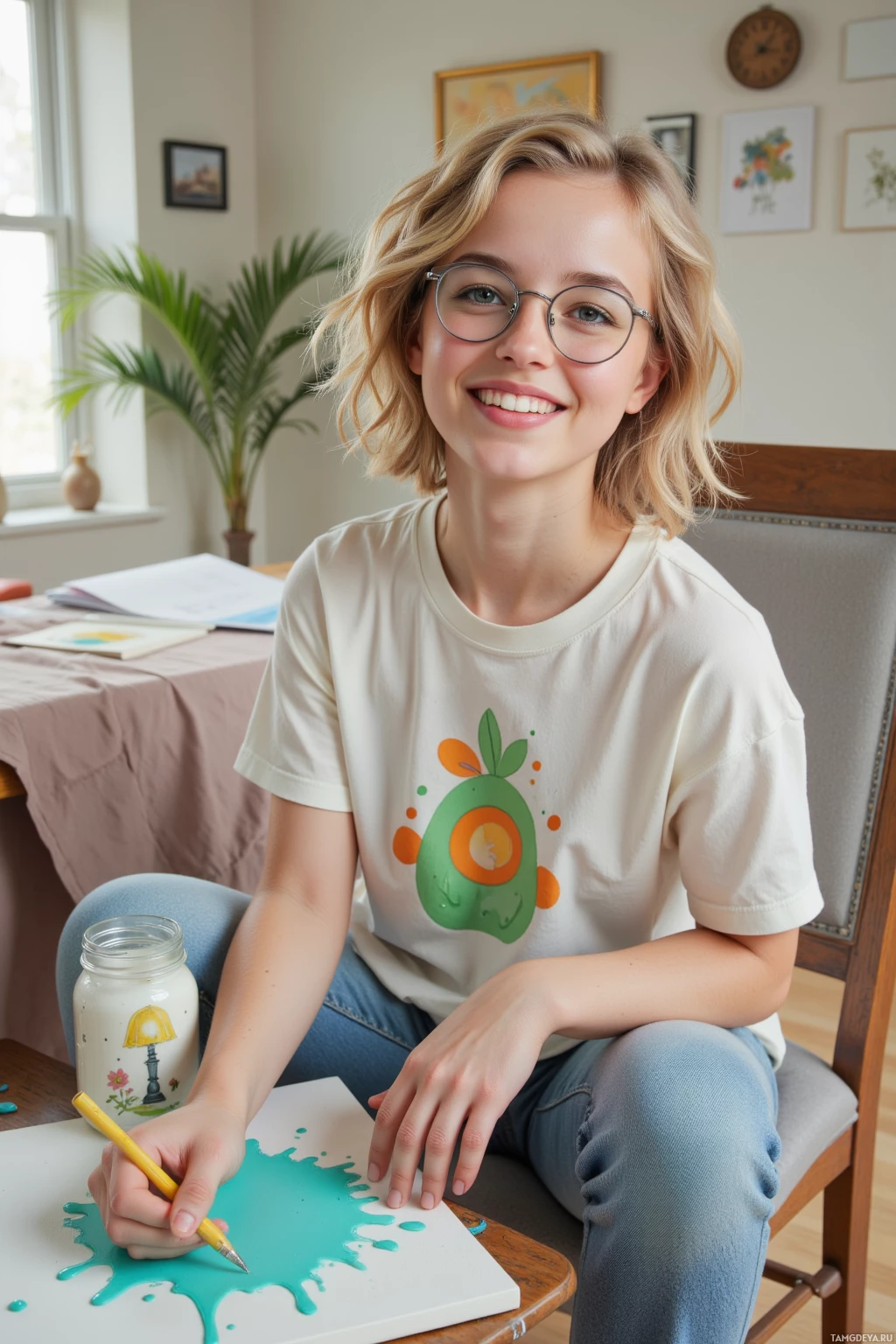 A person wearing glasses and a t-shirt with an avocado design is sitting and painting on a canvas.